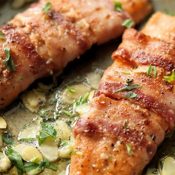 Trout Fillets with Streaky Bacon and Flaked Almonds